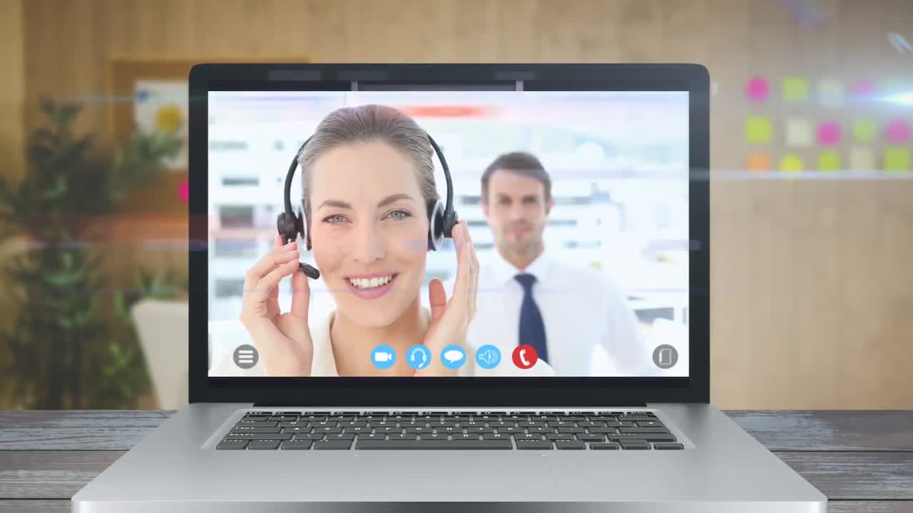 Animasi layar menunjukkan seorang wanita Kaukasia memakai headset telepon. Penyebaran virus Corona