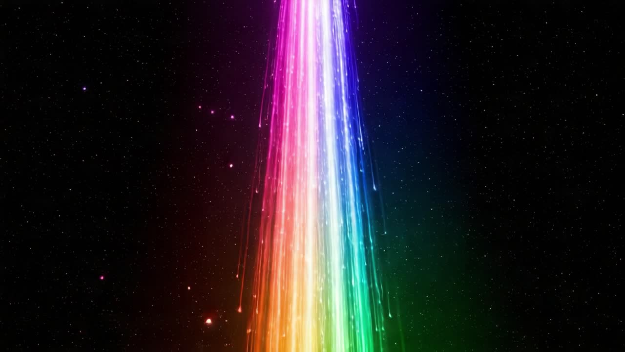 Vibrant Colorful Stream of Light Emitting from a Dark Cosmic Background, Capturing an Array of Rainbow Hues with Sparkling Particles in the Universe