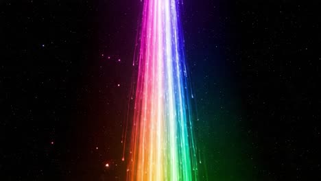 vibrant colorful stream of light emitting from a dark cosmic background, capturing an array of rainbow hues with sparkling particles in the universe