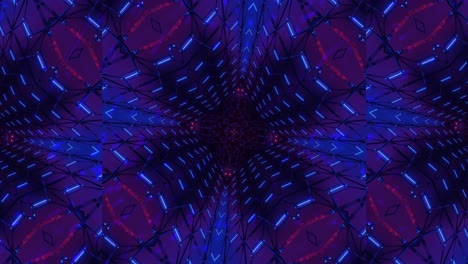 Blau-Und-Rot-Leuchtende-Kaleidoskopbewegung-Mit-Kristallähnlicher-Struktur,-Schleifenfähige-3D-CGI-Rendering-Animation