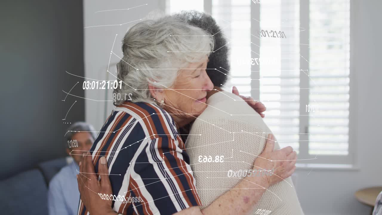 Two senior women approaching and hugging for health support session, data, wireframe lines drifting