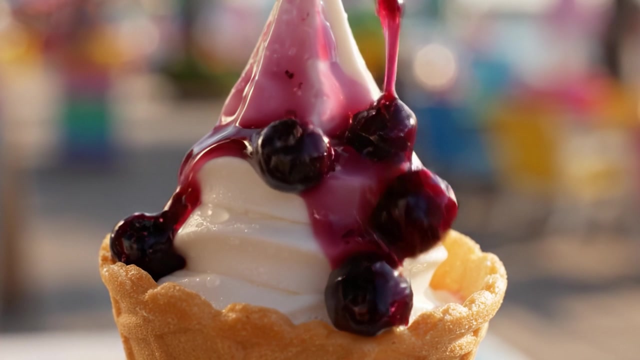 Delizioso gelato soft versato in un cono croccante e guarnito con salsa di frutti di bosco dolce per una delizia rinfrescante in una giornata di sole.