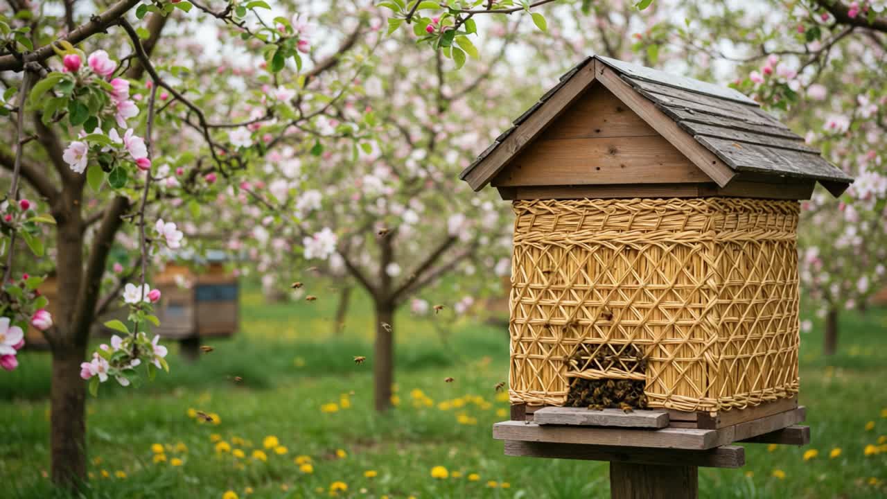 A Serene Beehive Nestled Among Blossoming Trees: Discover the Harmony of Nature with Bees Pollinating in a Vibrant Orchard, Creating an Eco-Friendly Environment