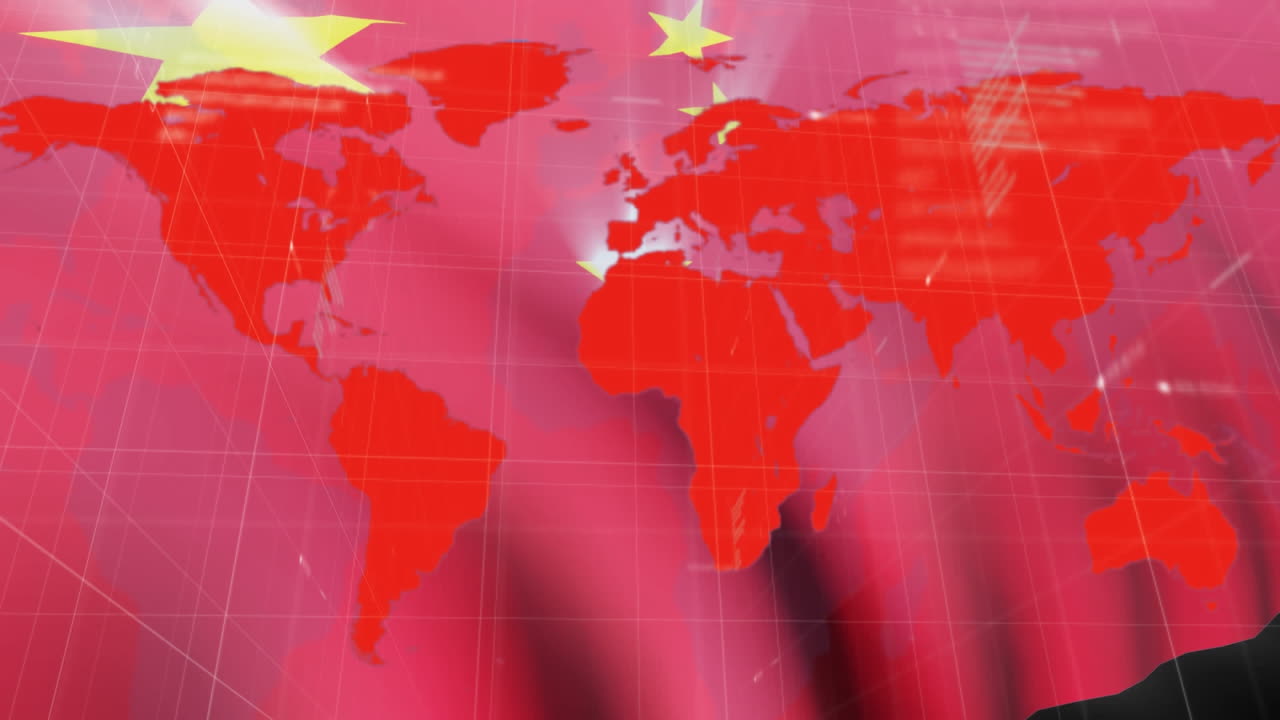 animación de la bandera china sobre un mapa del mundo