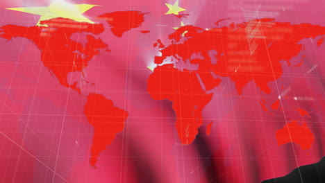 animation of the chinese flag over a world map