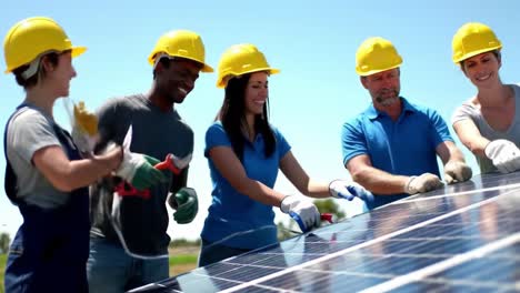 a diverse team of workers collaborating on solar panel installation, demonstrating renewable energy solutions and teamwork under a clear sky