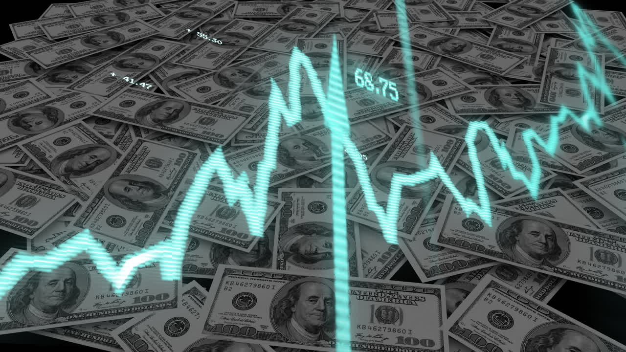 animación del procesamiento de datos financieros sobre billetes de dólares estadounidenses