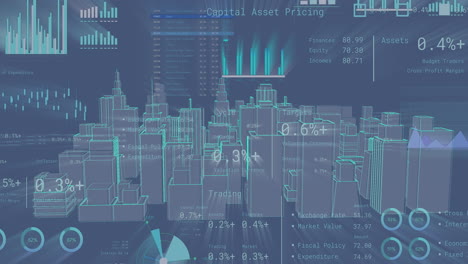 animación del procesamiento de datos financieros sobre el modelo de ciudad 3d.