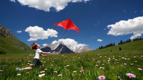 child flying kite in alpine meadow