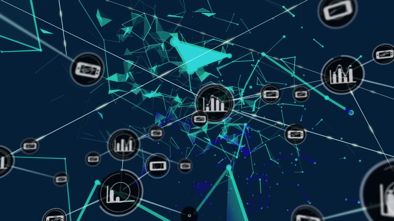 animación de la red de conexiones con iconos y formas sobre fondo negro