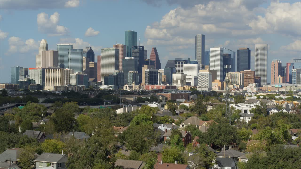 Drone shot pulling away of downtown Houston, Texas