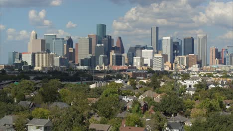 drone shot pulling away of downtown houston, texas