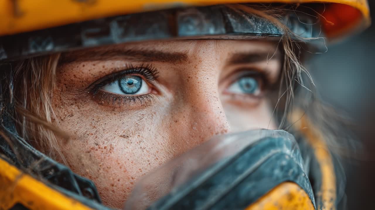 A Close-Up Portrait of a Determined Individual Wearing a Safety Helmet, Highlighting Striking Blue Eyes and Weathered Features Amidst a Challenging Environment
