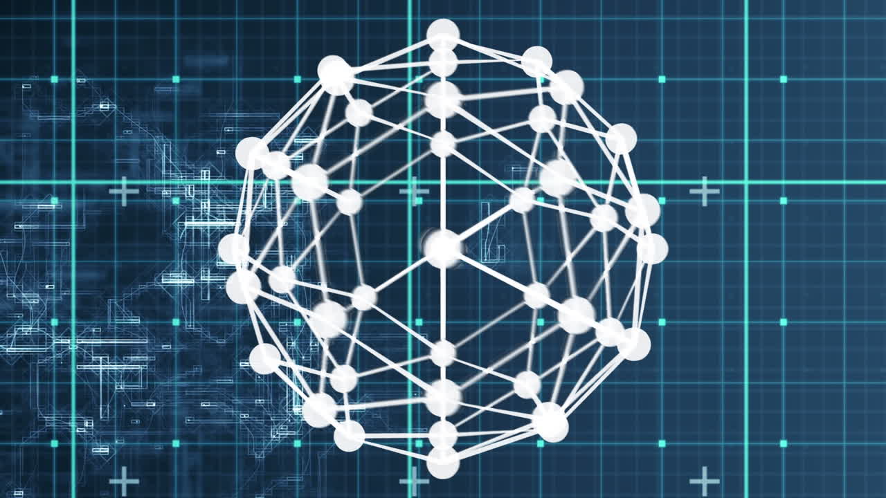 체크된 파란색 공간 위에서 회전하는 분자의 애니메이션