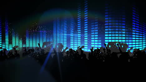 animation of light spots over people silhouettes and moving columns on black background