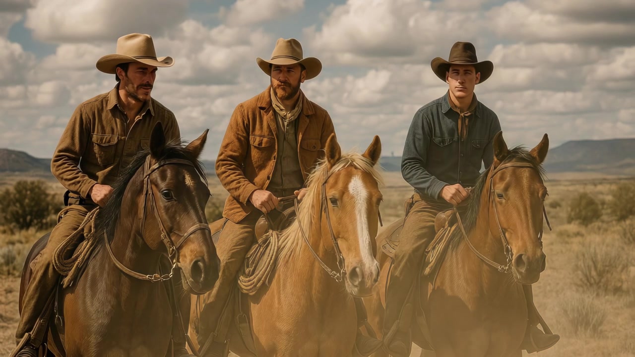 Tre cowboy che cavalcano cavalli attraverso un paesaggio western polveroso
