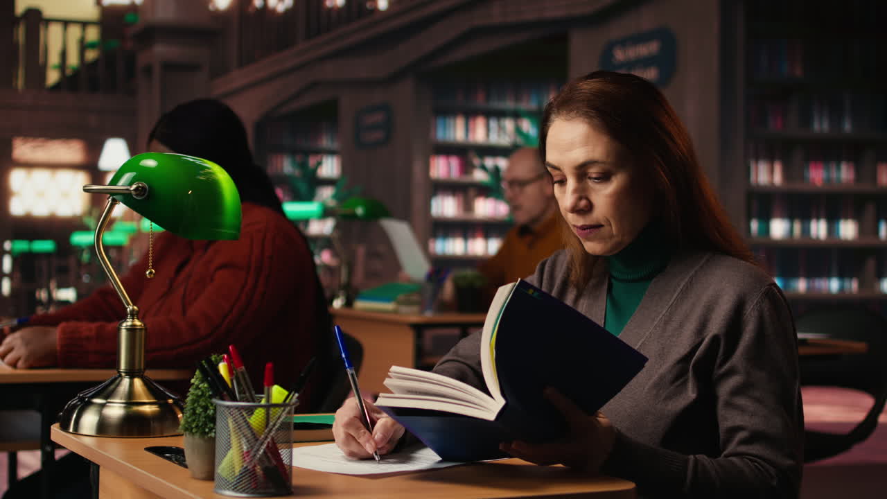 Persone che leggono e studiano in una biblioteca