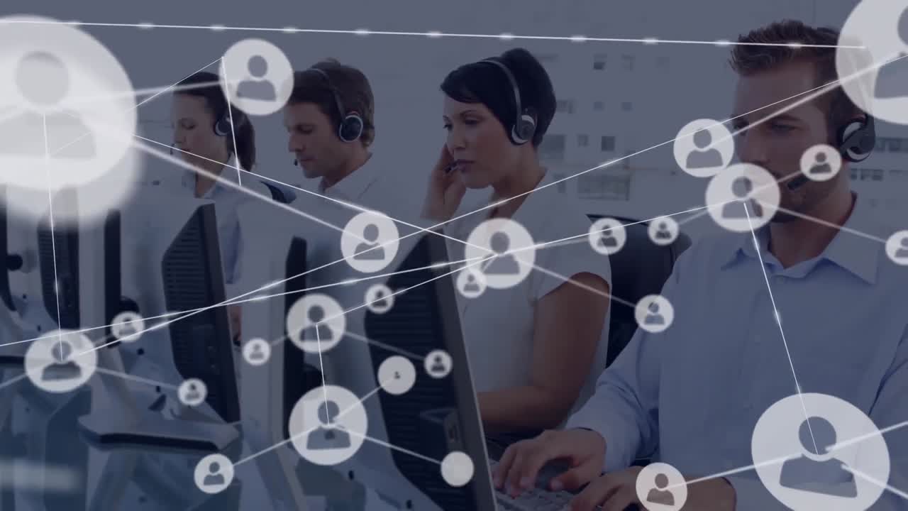animación de la red de conexión con iconos sobre personas de negocios que usan auriculares de teléfono