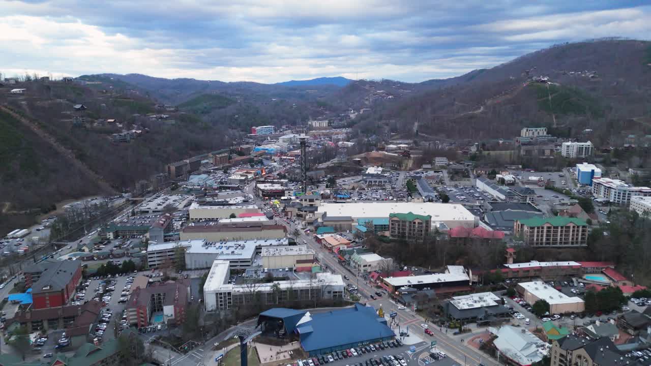 Aerial shot pulling out from Gatlinburg, TN on New Years Eve 2024.