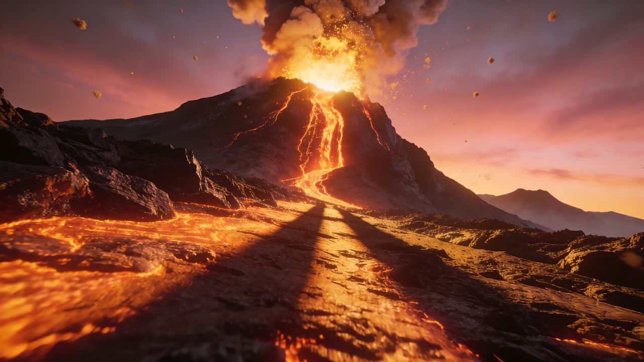 Cono vulcanico eruttivo che sputa lava fusa lungo il fianco al crepuscolo, rilasciando la pressione del magma.
