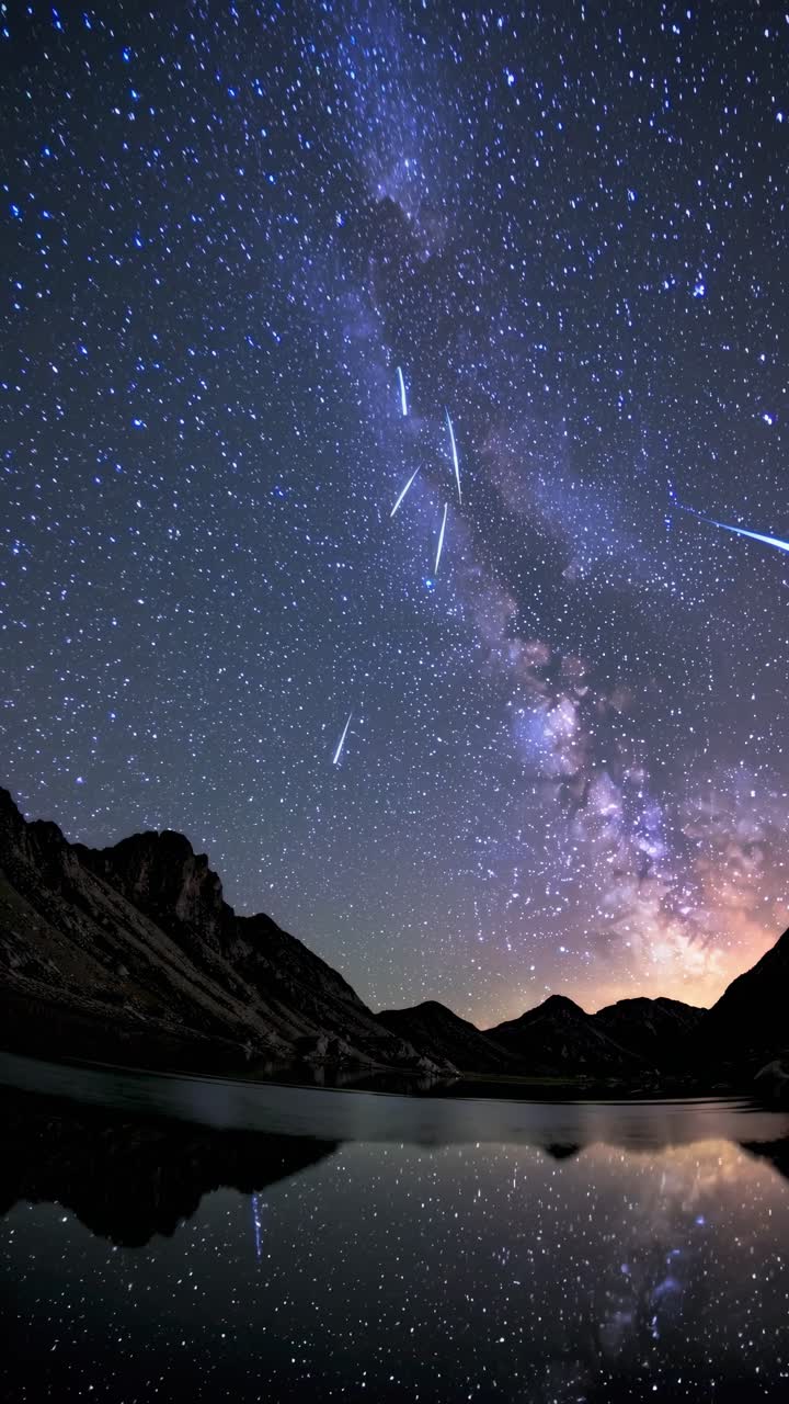 A mesmerizing night sky with shooting stars over mountains, reflected in a lake