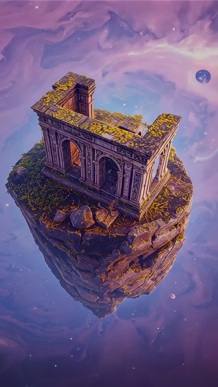 Vertical video: Rotating view revealing drifting rocky islet with ruined arches in nebula, planet