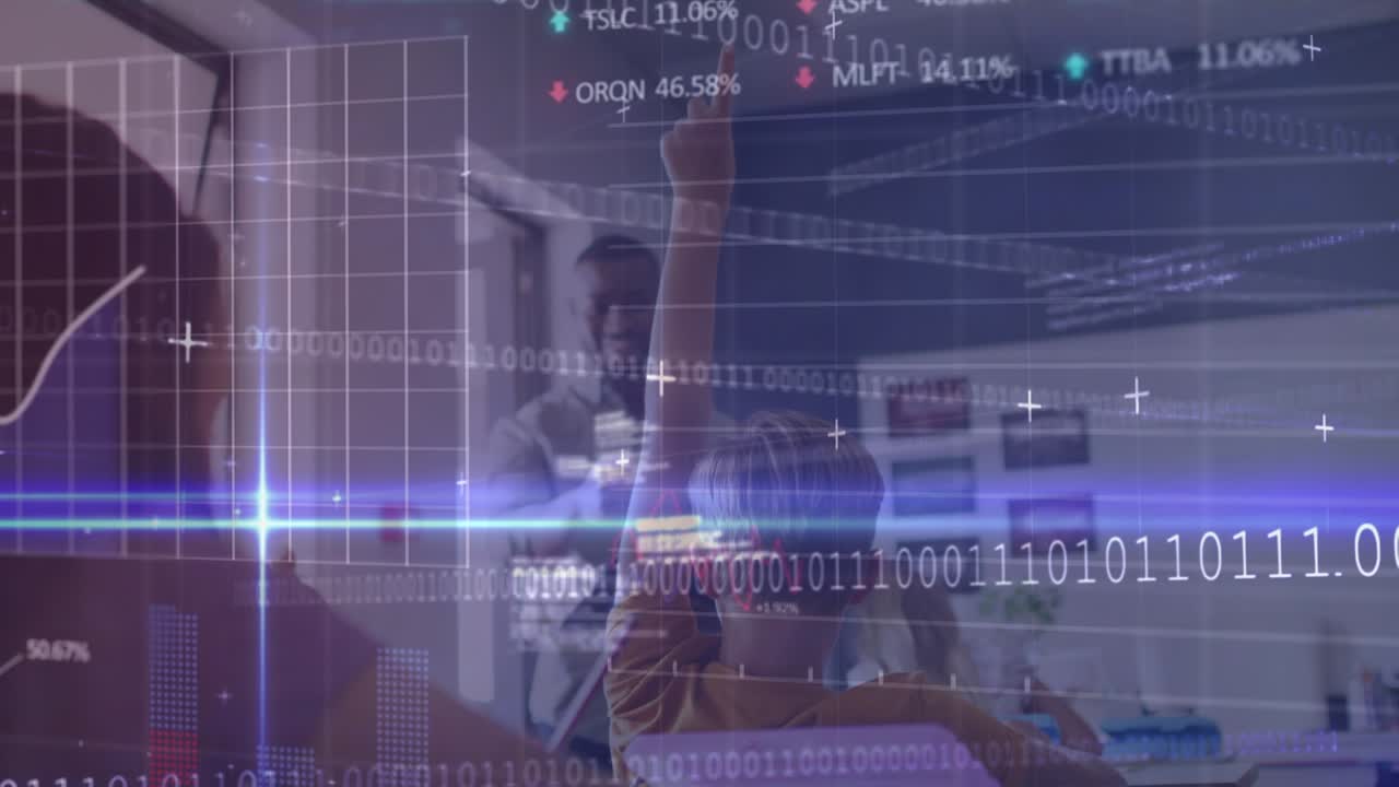 Animation of data processing over diverse schoolchildren with teacher