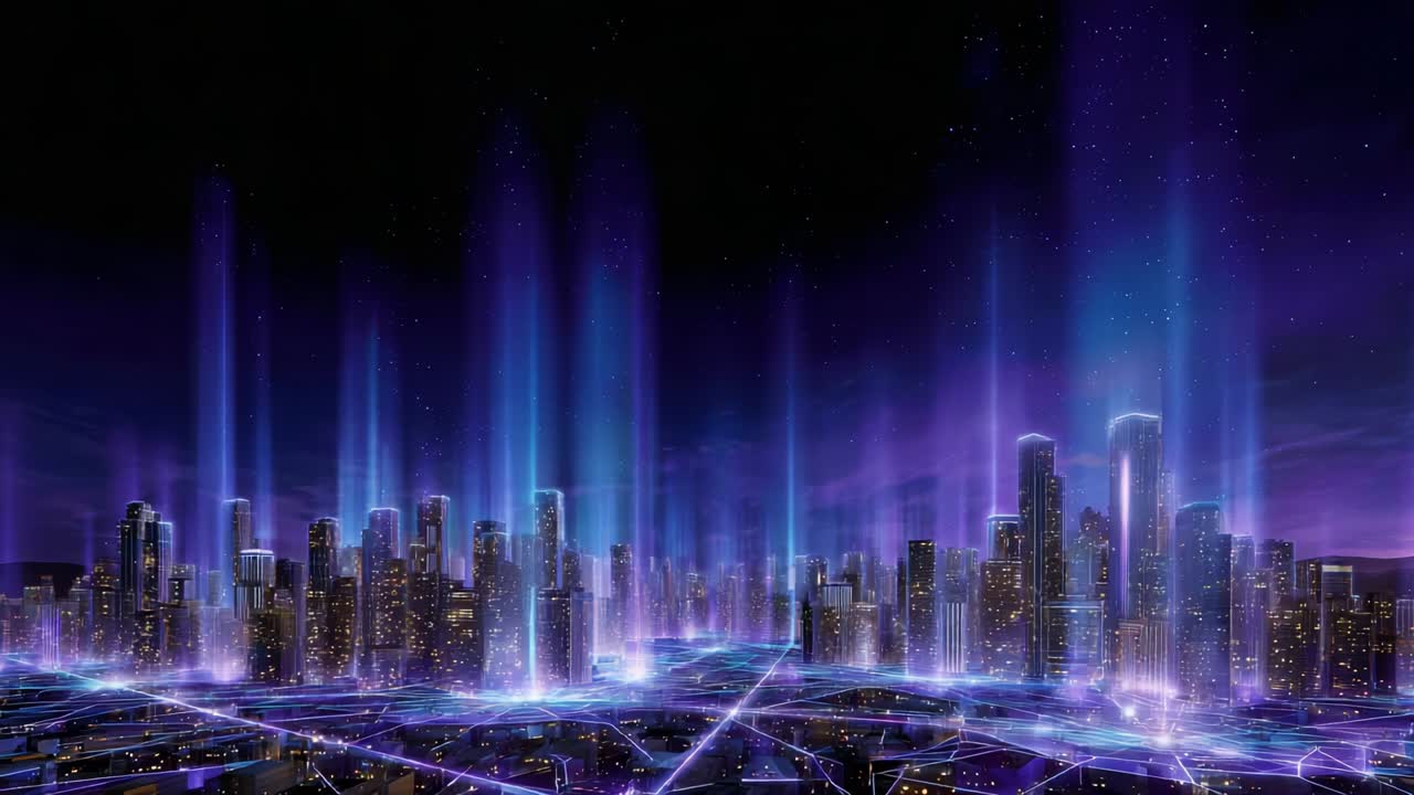 A Stunning Display of Futuristic Cityscape with Vibrant Neon Lights and Towering Structures Illuminating the Night Sky, Showcasing a Captivating Blend of Modern Architecture and Digital Innovation
