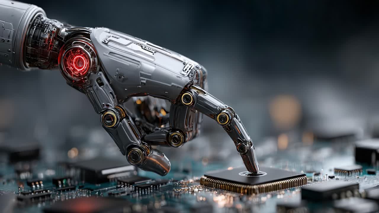 A Close-Up on a Robotic Hand Interacting with a Microprocessor, Showcasing Advanced Technology and Precision Engineering in a Futuristic Setting