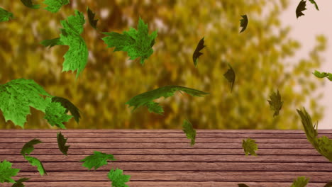digital animation of multiple autumn leaves floating over wooden surface against forest