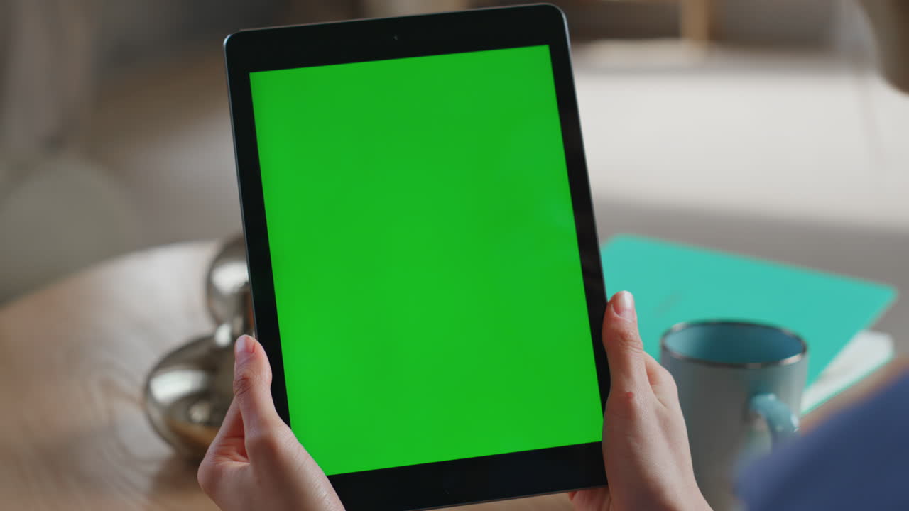 persona que sostiene una tableta con una pantalla verde