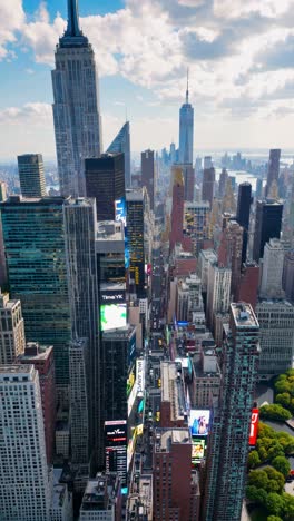 aerial video shot of a bustling cityscape with towering skyscrapers and vibrant billboards