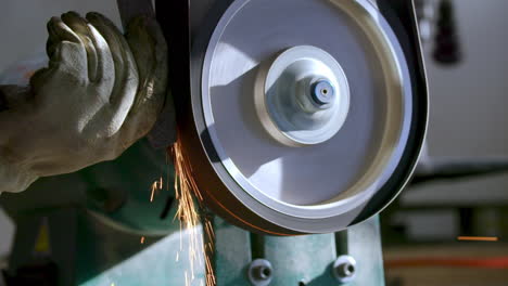 worker sanding down metal with sparks slow-motion