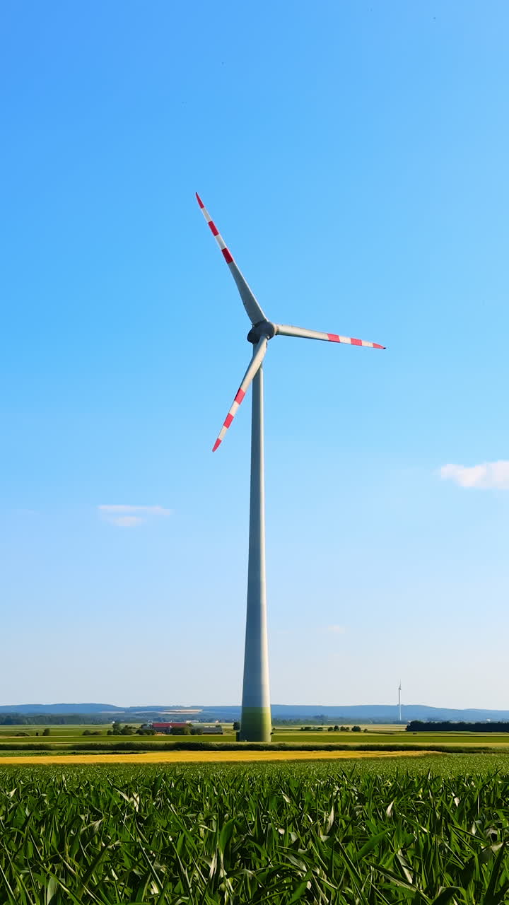 Tall wind turbine in sunlit field. A large wind turbine spins gently in a green field under a bright blue sky with a few fluffy clouds