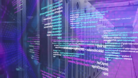 animation of data processing and neon tunnel in seamless pattern against computer server room