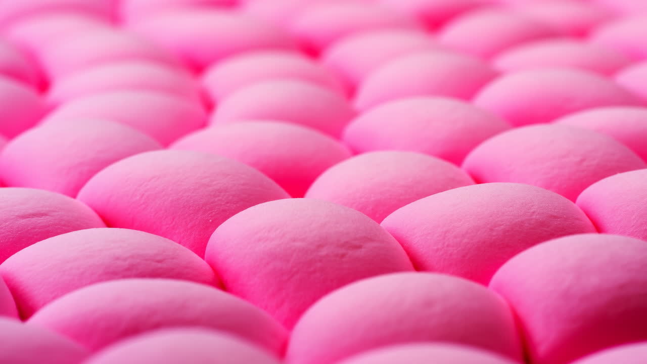 Texture di marshmallow rosa che riempie l'inquadratura, morbide cupole arrotondate in file serrate creano un motivo soffice per caramelle.