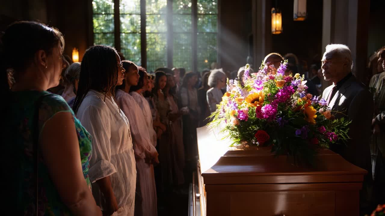 A solemn gathering of friends and family paying their respects at a memorial service, witnessing the final farewell characterized by floral arrangements and emotional expressions of grief and reflection