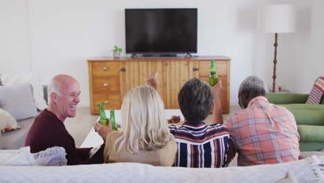 two diverse senior couples sitting on a couch watching a game drinking beer cheering