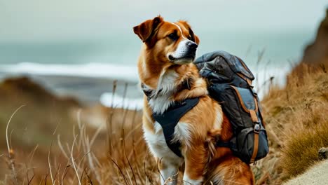 un perro con una mochila de pie en una colina con vistas al océano