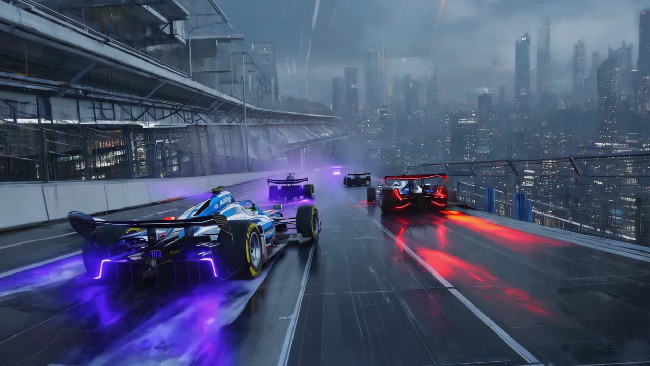 Neon-Lit Futuristic Race Cars on a Wet City Track at Night