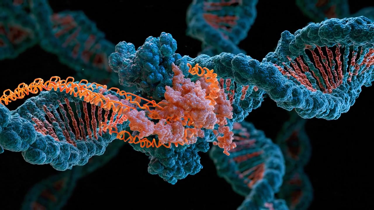 Detailed protein structure displayed as an orange and blue molecular model