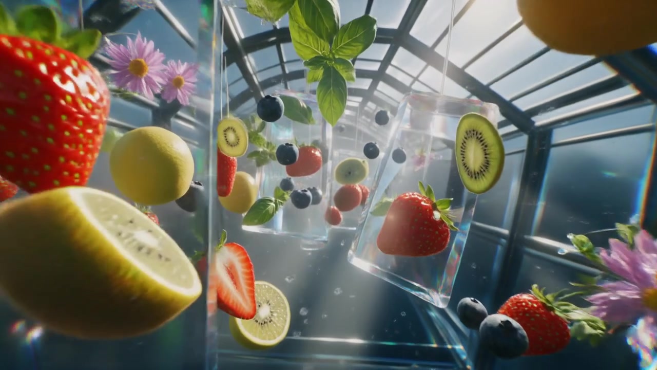 Frutta fresca ed erbe aromatiche galleggianti in cubi di vetro trasparente