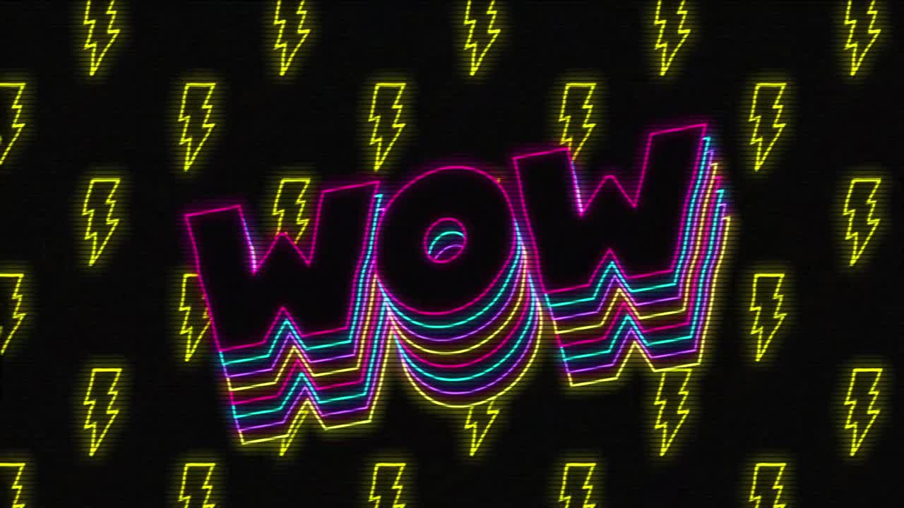 애니메이션 빈티지 비디오 게임 화면에 와우라는 단어가 적혀 있습니다.