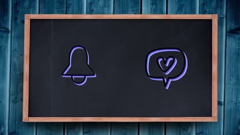 Animation-of-icons-of-bell-and-speech-bubble-with-heart-flickering-on-blackboard-on-blue-background