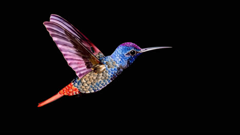 colorful hummingbird in flight animation isolated asset, transparent 4k video, alpha channel, prores