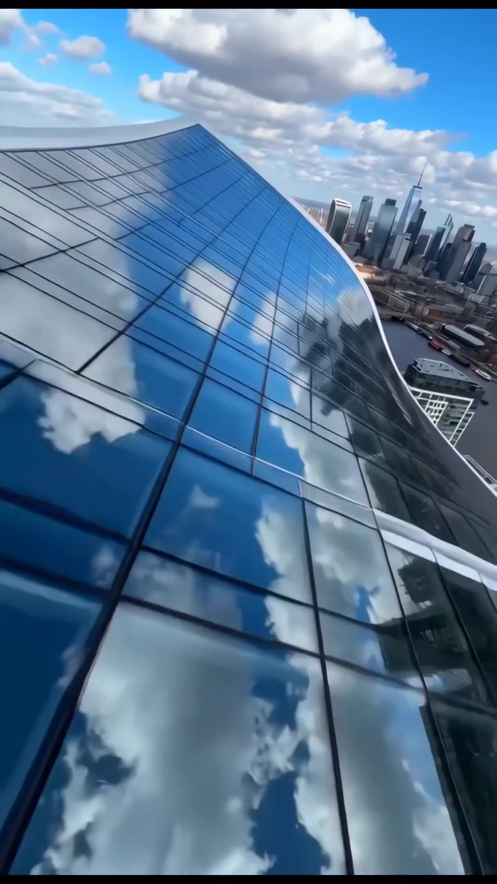 Vista aérea de um arranha-céu de vidro curvo ao lado de um rio, cercado por densos edifícios urbanos, estradas e um horizonte distante em plena luz do dia.