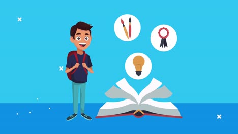 de vuelta a la escuela animación con escolar y libro