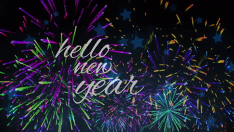 animación de saludos de año nuevo, coloridos fuegos artificiales que explotan en la víspera de año nuevo
