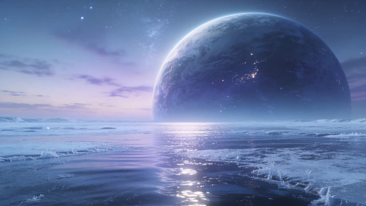 Dominating large planet filling horizon at icy shoreline, dusk deepening and water reflecting light