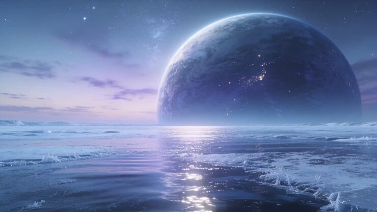 Dominating large planet filling horizon at icy shoreline, dusk deepening and water reflecting light
